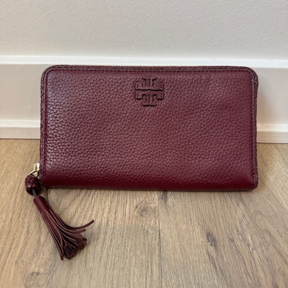 Tory Burch Marion Zip Continental Wallet Burgundy Pebbled Leather Tassel Logo